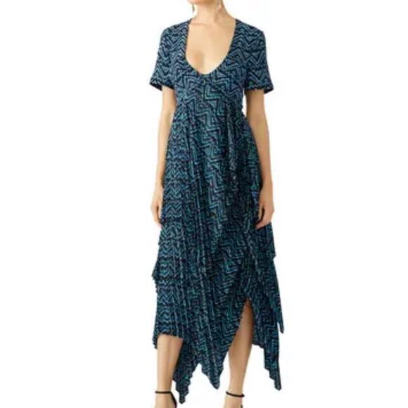 A.L.C. Dresses & Skirts - A.L.C. Blue Kylia Pleated Tiered Maxi Dress V Neck Short Sleeve 100% Silk Size 4